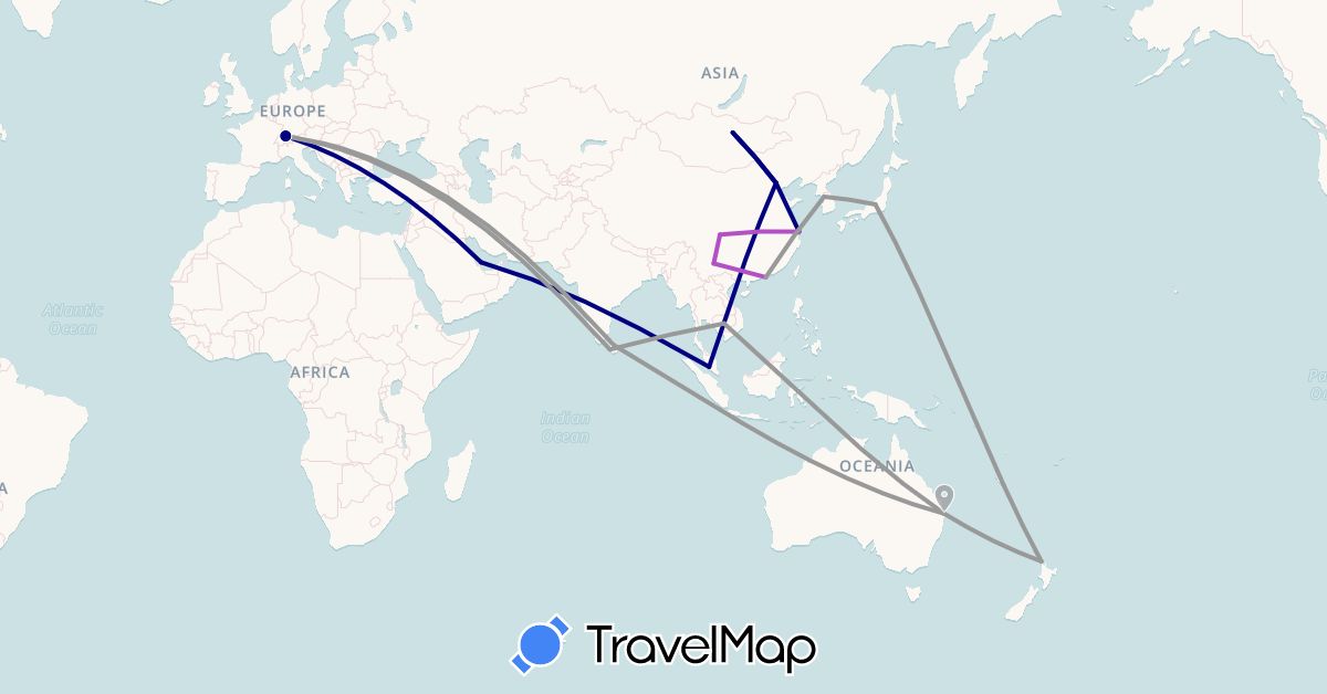 TravelMap itinerary: driving, plane, train in Australia, Switzerland, China, Hong Kong, Japan, Cambodia, South Korea, Sri Lanka, Mongolia, Malaysia, New Caledonia, New Zealand, Qatar (Asia, Europe, Oceania)